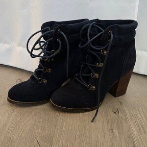 Blue faux suede lace up booties